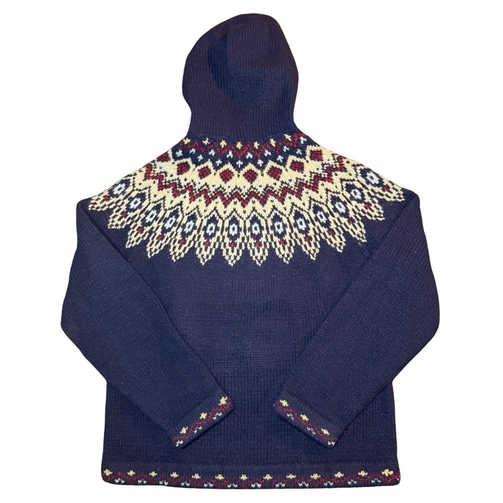 Vintage Ralph Lauren Hand Knit Fair Isle Hoodie Womens M Navy Wool Sweater - Picture 7 of 14